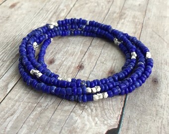 Tiny Beaded Necklace or Multi Wrap Bracelet / Royal Blue Jewelry / Long Seed Bead Necklace / Hill Tribe Silver Jewelry