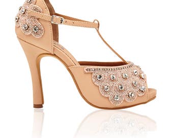 Nude Donna Flapper Wedding Shoes Hand Embellished Shoes Sandals Pumps T Strap Mary Jane inspired 20s Charleston Art Deco Hand Made