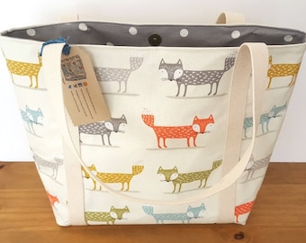 Lined fox canvas shoulder tote bag, Handmade animal fabric handbag, Gift for fox lover, Knitting bag, Beach tote bag, Girlfriend gift