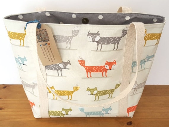 Lined fox canvas shoulder tote bag Handmade animal fabric