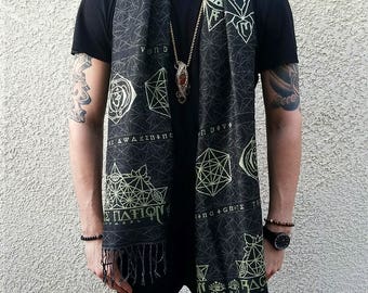DIVINITY Series // Festival Shawl/Scarf // Metallic Champagne Gold/Green/Black // Sacred Geometry // Eye of Horus // Chakra // Unisex