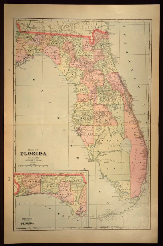 Florida Map Antique LARGE Early 1900s Original 1903