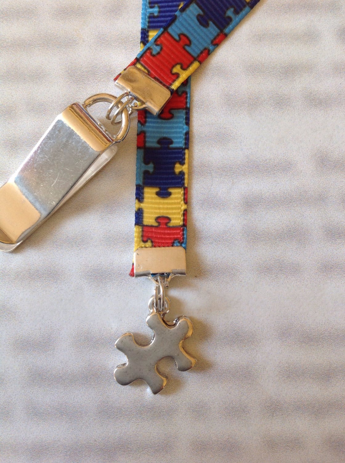 Autism Awareness Puzzle Ribbon bookmark with clip Attach to