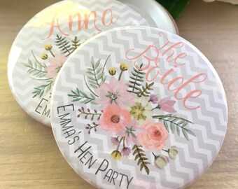 Hen Party Badges, Bride Badge, Bridal shower badges, Pretty Hen Night Badges, Personalised bridesmaid pin badges, Floral Hen Party badges