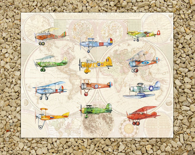 Airplanes on Worlds map decor Military plane large print Vintage airplane painting Old Worlds map decor Aircraft art Boys nursery wall art