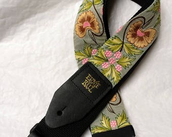 Green Tea Garden Woven Guitar Strap; Statement Guitar Strap; Unique Custom Guitar Straps; Flower Guitar Straps; Guitar Straps; Woven Straps
