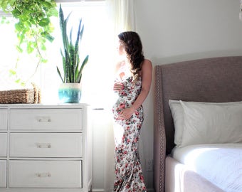 Maternity dress long fitted maternity gown gender reveal babyshower- The Sweetheart Modify In Floral train