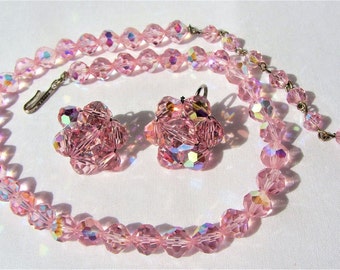 Vintage Signed Laguna Baby Pink AB Crystal Necklace And Earring Set