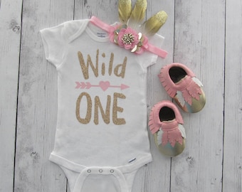 Wild One Birthday Outfit in light pink and gold - girl first birthday outfit, baby mocassins, feather headband, wild one shirt