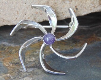 Vintage Mexican Sterling Silver and Amethyst Spiral Pinwheel Brooch / Pendant