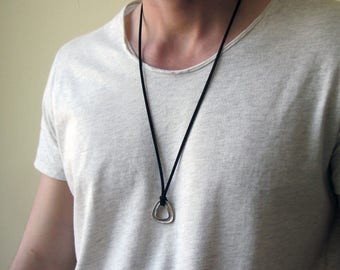 Mens Silver Geometric Necklace - Men's Leather Necklace - Mens Necklace - Mens Triangle Necklace - Necklaces For Men - boyfriend gift