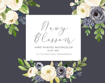 Watercolor flower clipart-Navy Blossom/Individual PNG files/Hand Painted/wedding