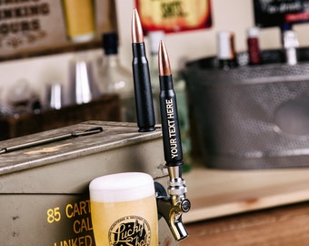 Engraved Custom Beer Tap Handle Made From a 50 Caliber Bullet and Powder Coated in Matte Black