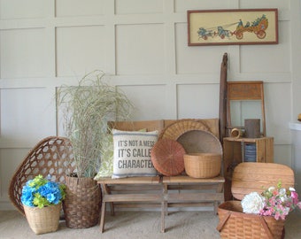 Vintage Wood Picnic Basket, Large Wooden Picnic Hamper with Handles