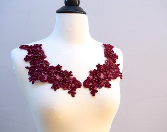 Rosewood Burgundy Beaded Lace Applique. Sequins. Perfect for Formal Garments and Costumes
