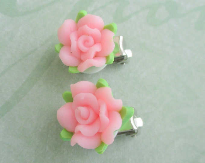 Pink Rose earrings-clay jewelry-Flower Girl earrings-childrens-clip on earrings-light pink rose studs-kids wedding accessory-little girls