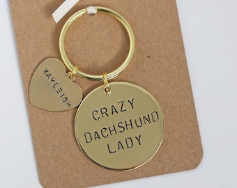 Crazy Dachshund Lady Hand stamped Keyring, Personalised with dogs name(s)