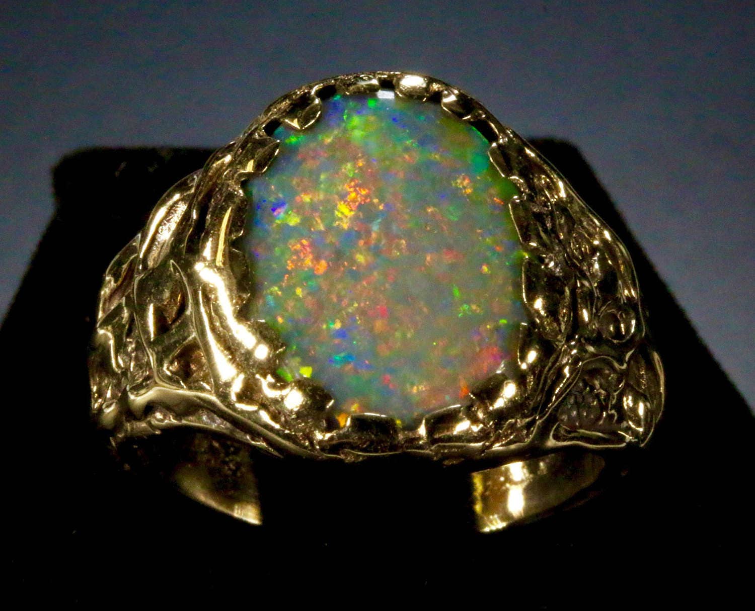 Men's Black Opal ring Huge opal 16x12mm. Solid 14K Yellow