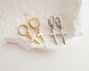 Gold Cross Earrings, Silver Cross Hoop Earrings, Baptism Cross Shape Hoops, Minimalistic Cross Charm Earrings, Rock / E519