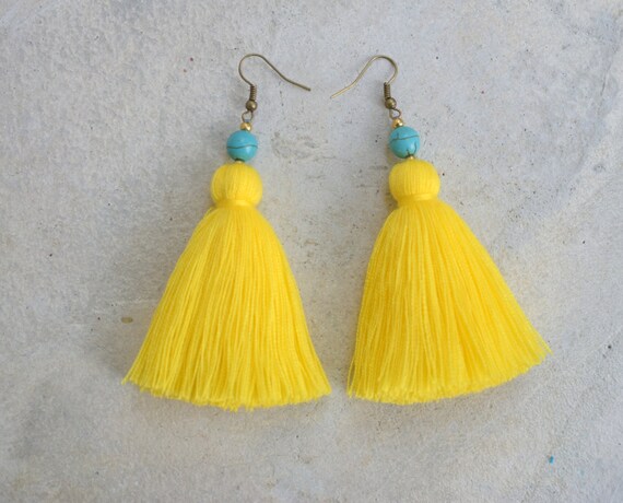 Handmade Bright Yellow Tassel Earrings with Turquoise Beads