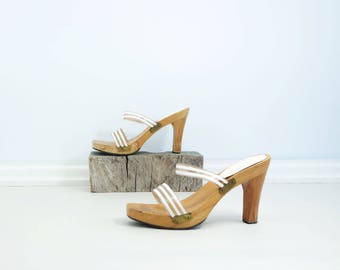 80s Platform Sandal 80s White Sandal Vintage Size 8 Wood Heel Slide Clear Plastic Sandal 80s Vintage Mule High Heel Clog Tan White Sandal 8