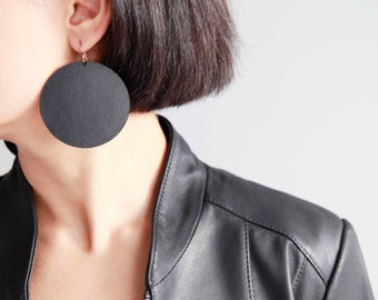 Large black leather circle earrings- large disc drop earrings- oversize black earrings- minimalist black statement earrings
