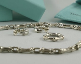 FREEShippingCanada+US 1990's Vintage Tiffany & Co. Sterling Silver Jewelry Set Tiffany Choker Necklace Tiffany Earrings Ring For Mom Gift