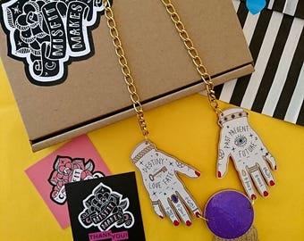 Fortune Teller Hands with Crystal Ball. Laser Cut Acrylic Necklace. Occult Necklace. Witchcraft. Misfit Makes.