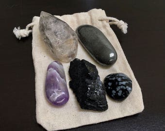 Protection Crystal Pouch, Snowflake Obsidian + Hematite + Chevron Amethyst + Tibetan Black Quartz, Negative Energy Protection, Magic