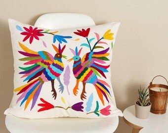 Large Mexican Otomi Pillow, Fair Trade Accent Pillow, Scatter Cushion, Otomi Embroidery, Otomi Tenango, Multicolour Decorative Pillow