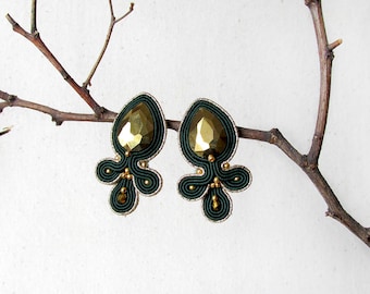 Clip on earrings Green gold earrings Drop gold clip on earrings Soutache Gift for her golden jewelry Gift for grandmother Statement earrings