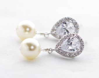 Pearl Drop Earrings, Pearl Bridal Earrings, Bridal Earrings, Pearl Wedding Earrings, Swarovski Earrings, Ivory Pearl Dangle Earrings