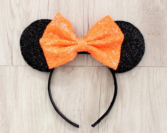 Minnie Mouse Ears, Mickey Mouse Ears, Minnie Ears, Mickey Ears, Disney Ears, Orange Sequin Bow, Orange Disneyland Ears, Disney World, Disney