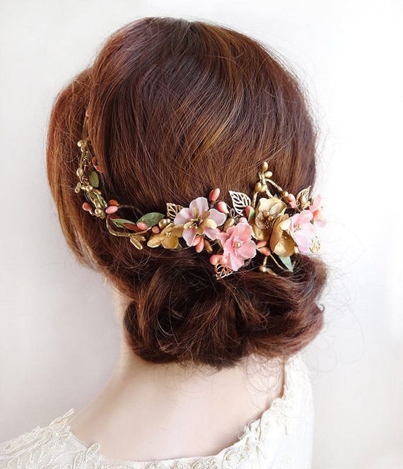 floral hair comb, floral hair piece, bridal hair vine, pink and gold headpiece, floral hair vine, bridal hair comb, pink bridal headpiece