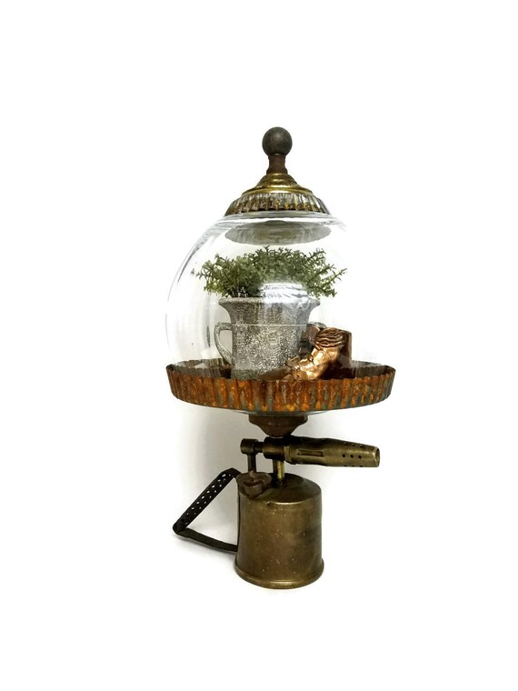 Large Round Glass Cloche Dome Antique Brass BlowTorch Base