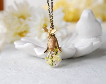 Terrarium necklace, Real Flower Necklace, November Birthday Gift for Her, Gold Honey Bee Dried Yellow flower November Birthstone Topaz