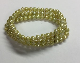 Honora Triple Strand Stretch Yellow/green Hint Pearl Bracelet Sterling
