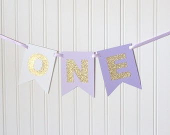 Gold Purple Ombre ONE High Chair Banner Happy Birthday Banner/ Girl Birthday/ Princess Party/ Party Decorations/1st birthday/ Lavender