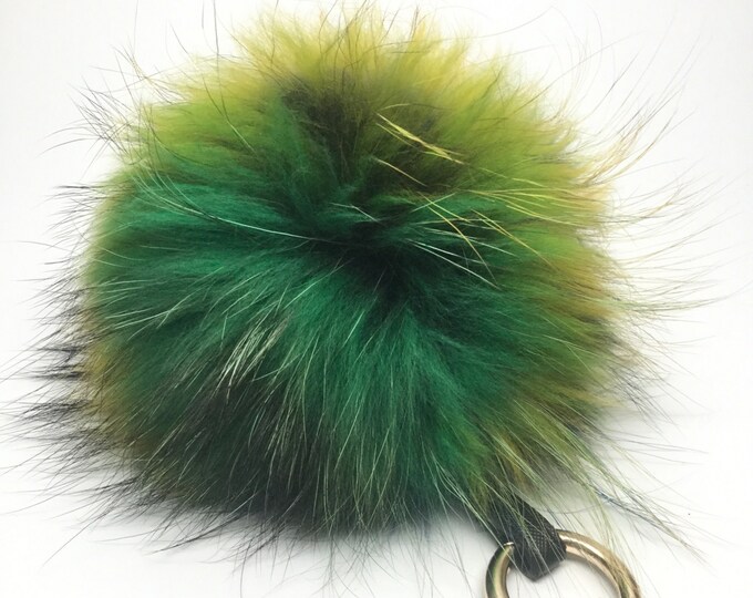 NEW Tropical Swirl™ Multi Color Raccoon Fur Pom Pom bag charm 7 inch pom pom YELLOW MELLOW with a touch of blue