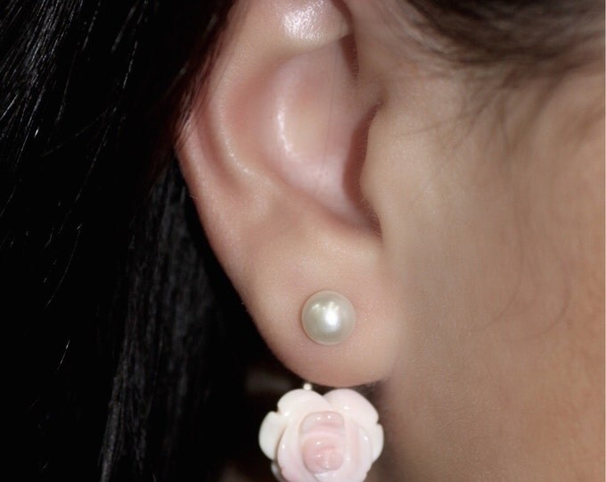 Mother of pearl earring - Flower earring - Gold earring - Pearl earring - Rose stone earring-Natural stone earring- gold flower earring