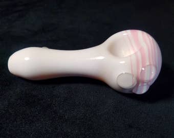 Glass Pipe, Solid White, with a Pink Spiral.