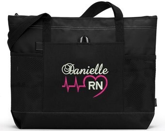 Heart Beat Personalized Rn, Lpn, Nurse, Emt Embroidered Zippered Tote Bag With Mesh Pockets, Beach Bag, Boating
