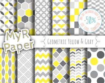 Geometric digital paper: "GEOMETRIC YELLOW & GRAY" digital paper pack with yellow and grey geometric backgrounds