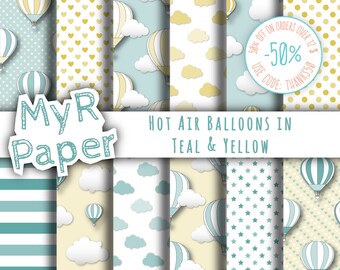 Hot Air Balloons Digital Paper: "Teal & Yellow" patterns for scrapbooking, invite, card – perfect for vintage project and baby shower
