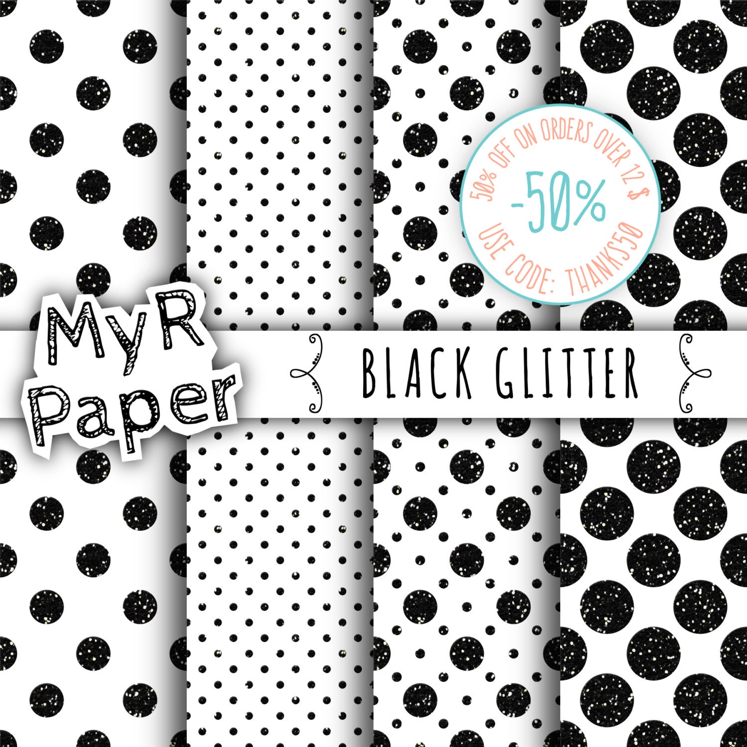 Download SALE 50% Glitter Digital Paper: Black Glitter