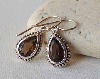 Smoky Quartz Sterling Silver Earrings, Vintage Dangle Drop Brown Earrings, Dangle Teardrop Pierced Earrings, Quartz Gemstone Retro Earrings
