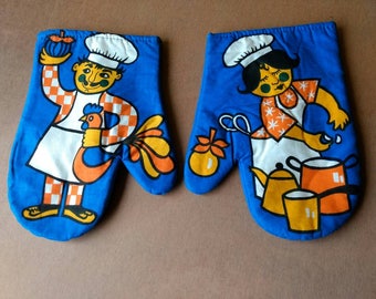 Vintage Kitchen Glove - Pot Holder - Blue - Chef - Chicken - Garlic