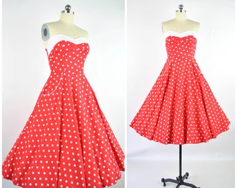 1950's dress/ 50's red polka dot dress sz XS- S (B 32" W 25") / Vintage party sun dress /cotton fit and flare pockets strapless sundress