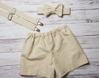Baby Boys khaki shorts, Baby Boys Easter outfit, khaki toddler boy outfit, khaki suspenders and bow tie, linen shorts and bow tie