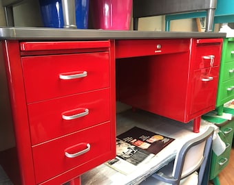 Steel Case Vintage Steel Desk Refurbished in Red- Double Pedestal